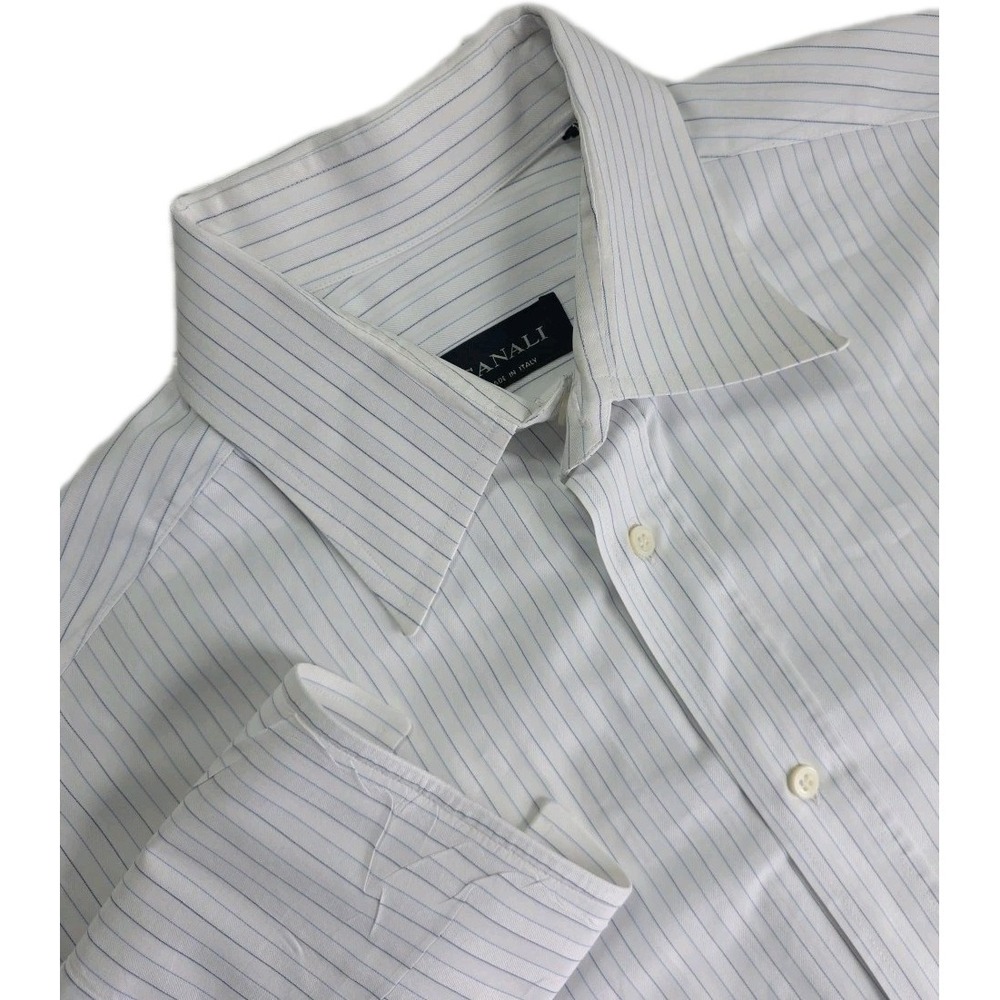 CANALI MEN'S Dress Shirt 39-15.5 White Blue Striped Button Luxury Designer Italy
